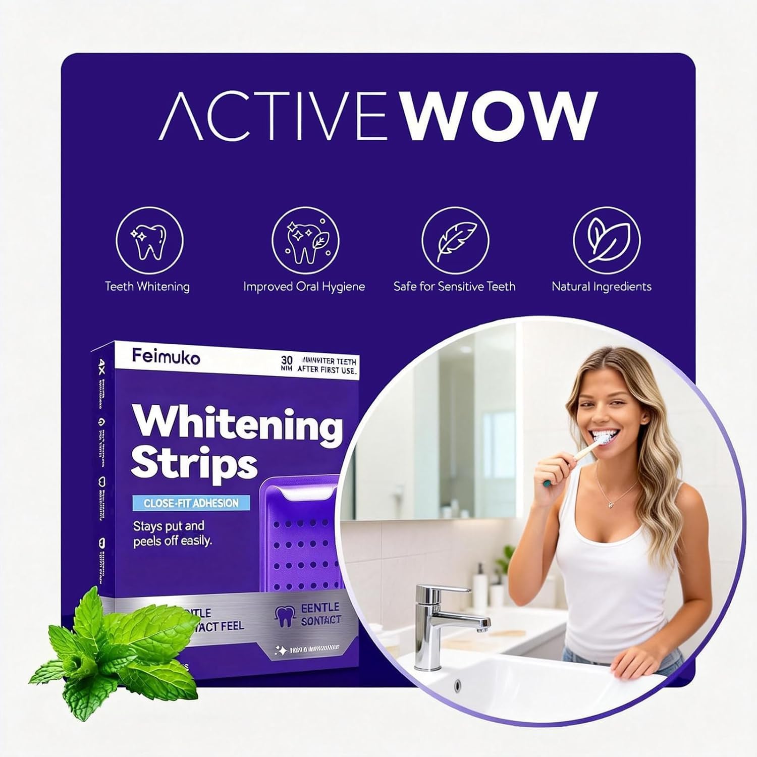Purple Teeth Whitening Strips for Sensitive Teeth, Enamel-Safe Color Correcting Tooth Whitener, Effectively Removes Stubborn Stains, Fast Acting & Non-Slip Grip, 14 Strips
