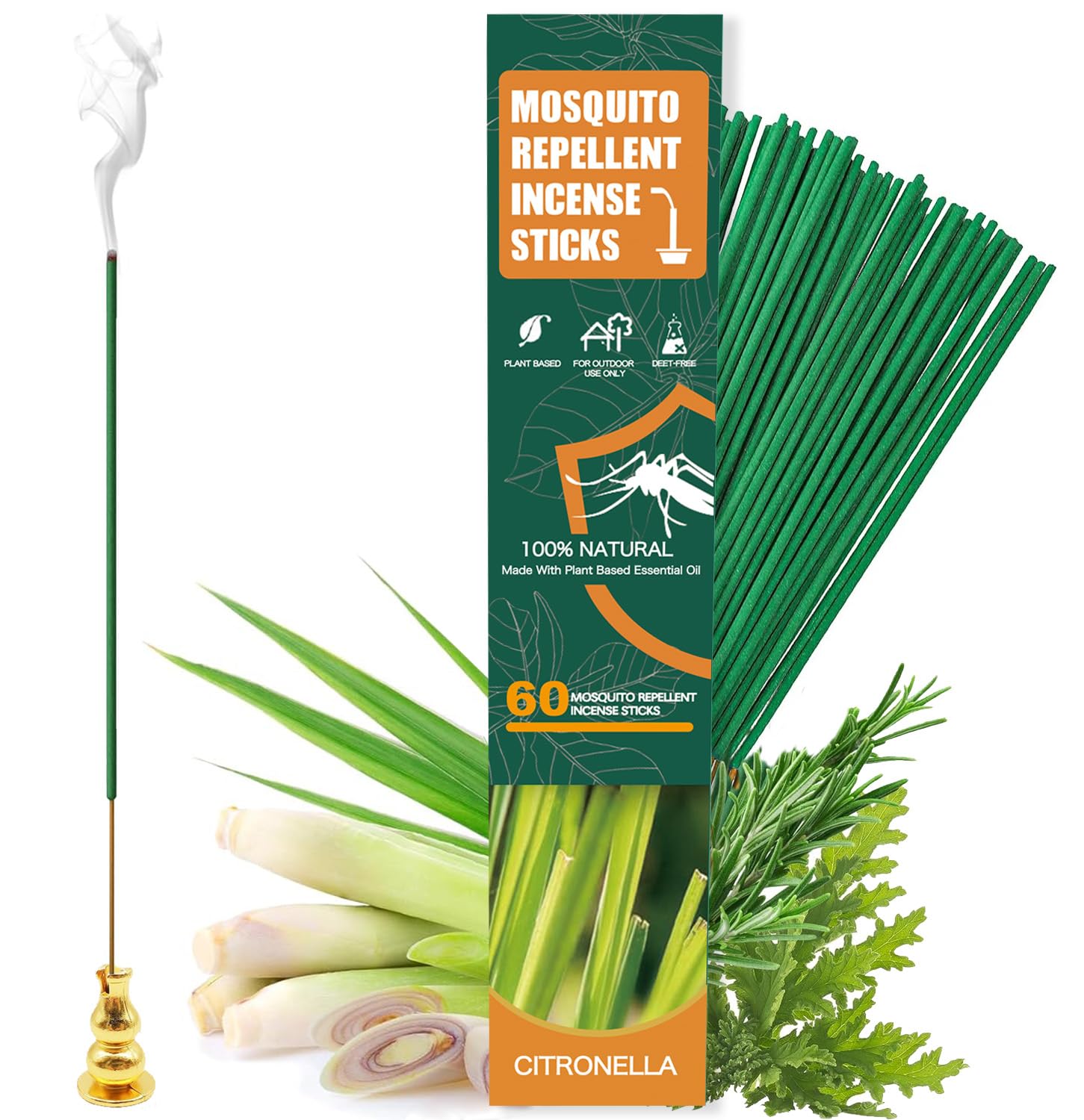 Banana Home 60-Piece Citronella Mosquito Repellent Incense Sticks with Holder – Natural Plant-Based Formula, Outdoor Use