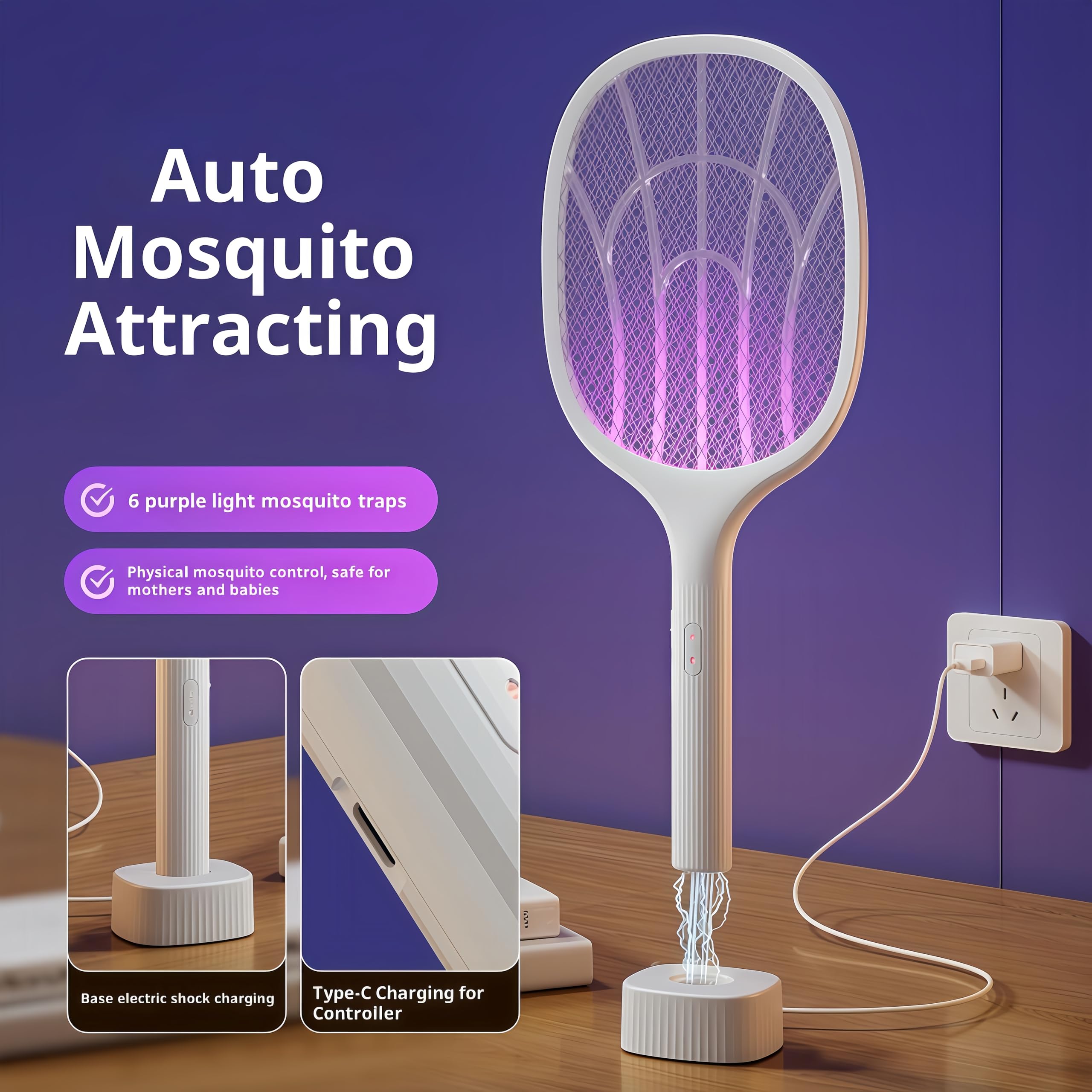 Electric Mosquito Killer Fly Swatter Bat, Standable Bug Zapper, Rechargeable Insect Killer,with Purple Mosquito Light Rechargeable Base for Indoor and Outdoor Home Office