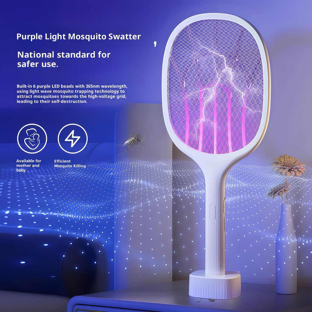 Electric Mosquito Killer Fly Swatter Bat, Standable Bug Zapper, Rechargeable Insect Killer,with Purple Mosquito Light Rechargeable Base for Indoor and Outdoor Home Office