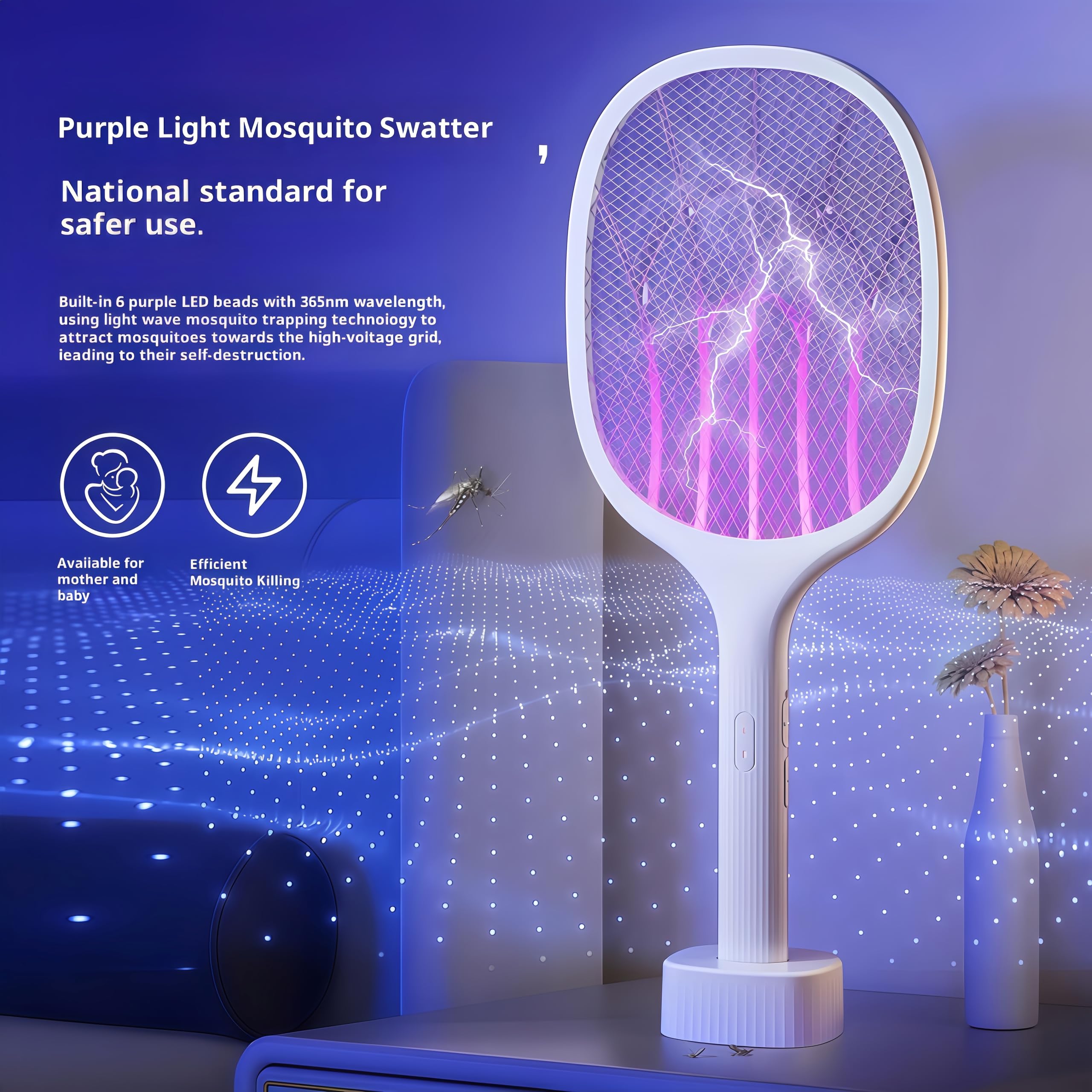 Electric Mosquito Killer Fly Swatter Bat, Standable Bug Zapper, Rechargeable Insect Killer,with Purple Mosquito Light Rechargeable Base for Indoor and Outdoor Home Office