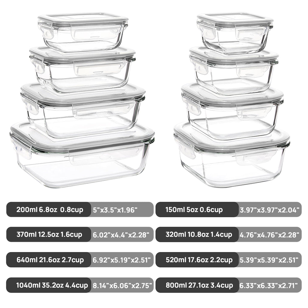 8 Pack Glass Food Storage Containers with Airtight Lids, Glass Meal Prep Containers, Lunch Office Meal for Microwave, Oven, Freezer and Dishwasher, BPA Free