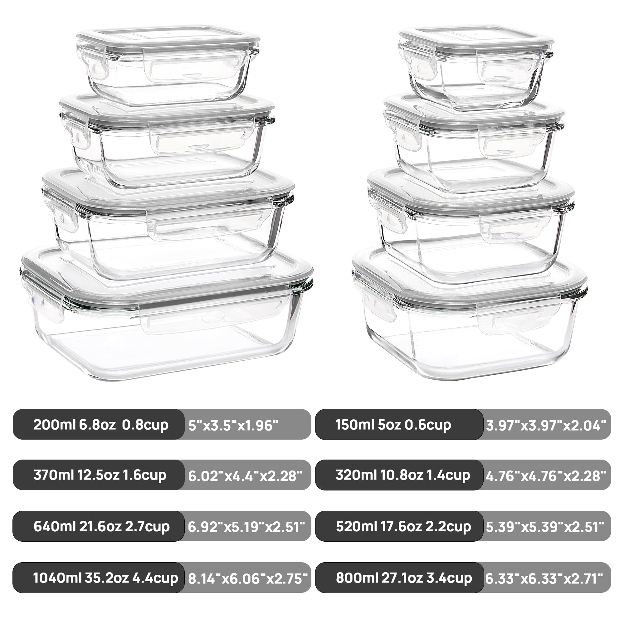 8 Pack Glass Food Storage Containers with Airtight Lids, Glass Meal Prep Containers, Lunch Office Meal for Microwave, Oven, Freezer and Dishwasher, BPA Free