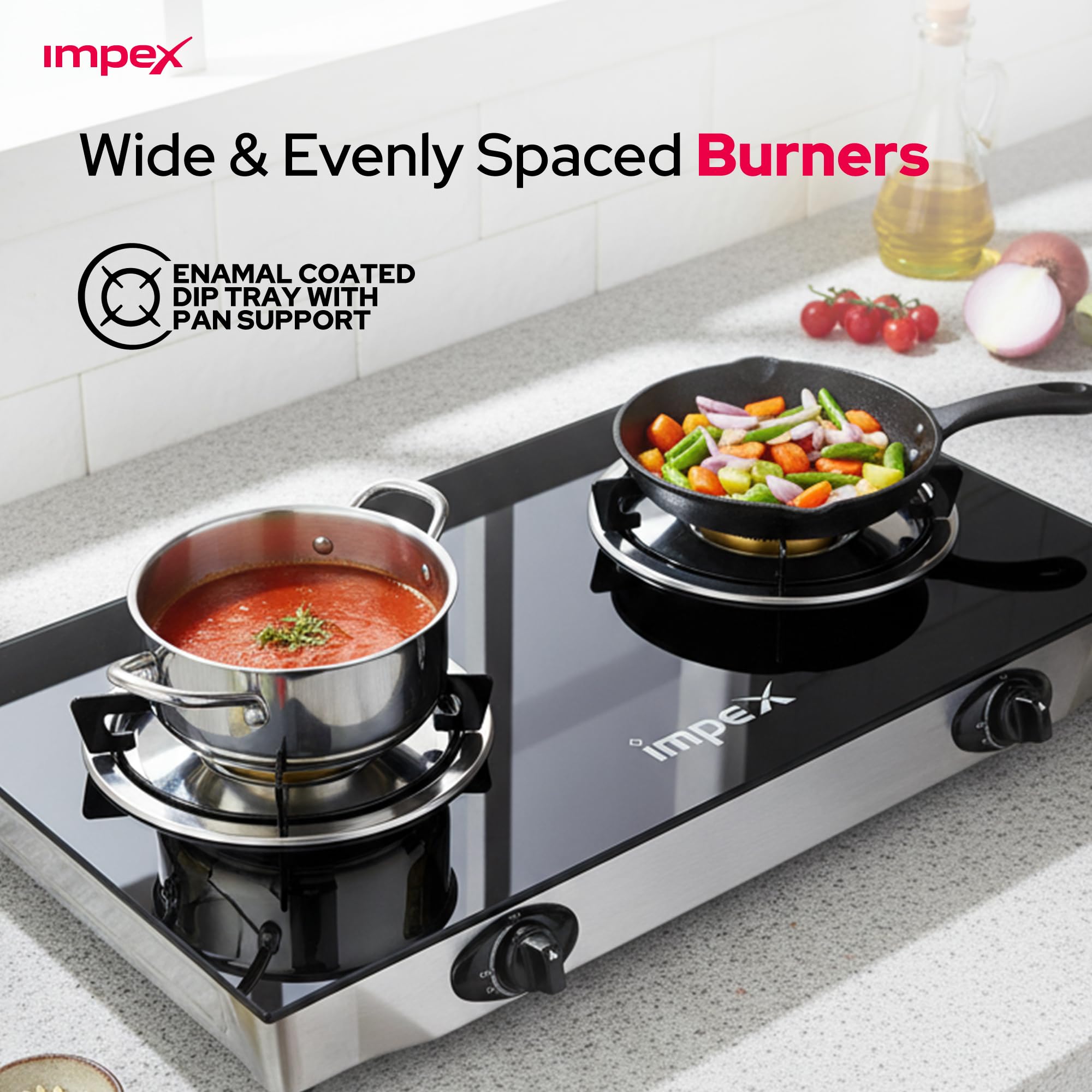 Ambix Double Burner Gas Stove with Tempered Glass Surface, Auto Ignition, Enamel Pan Support & L-Shaped Inlet Tube – IGS 1214F