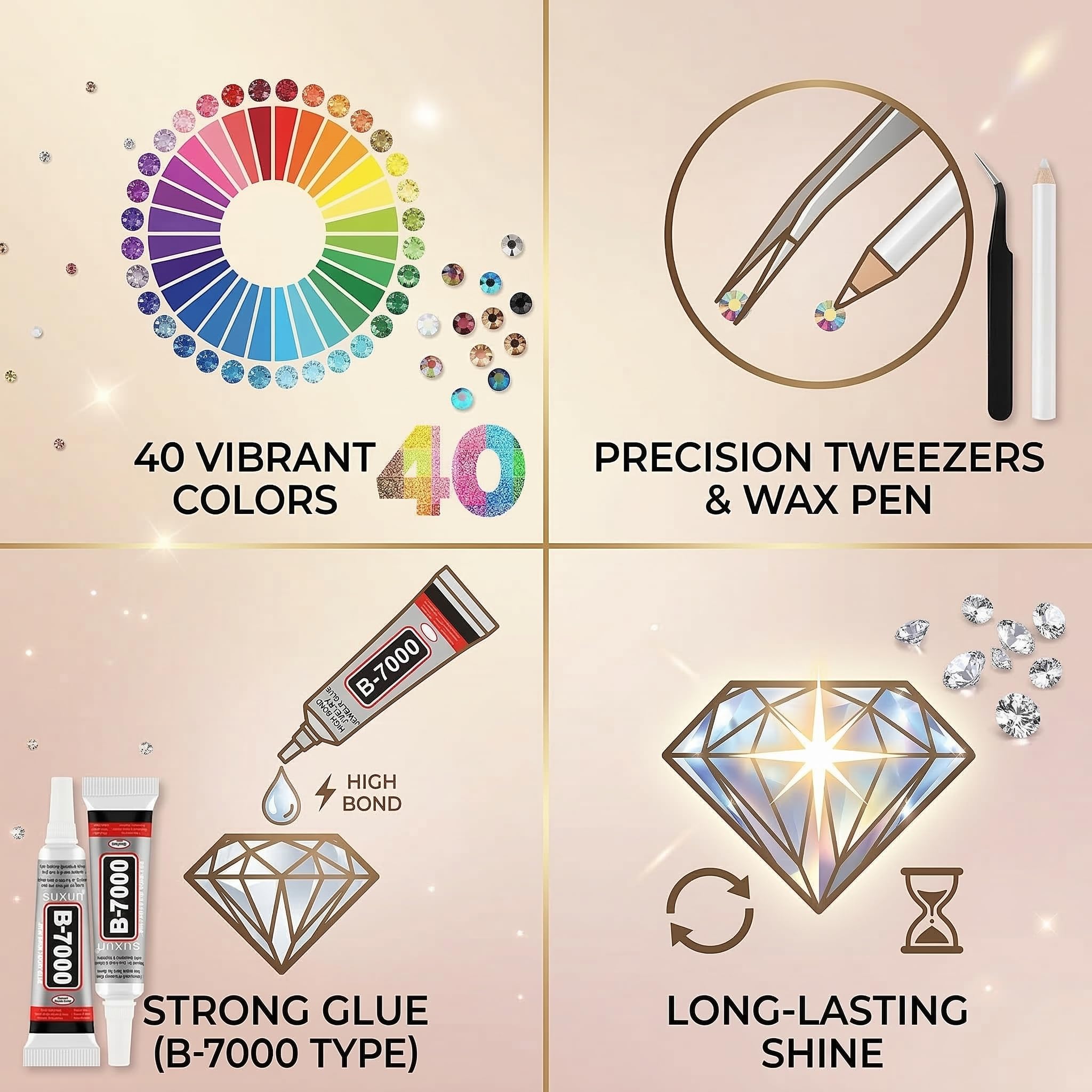 Resin Jelly Rhinestone Set – 320,000 Pieces, 3mm Flatback Gems Bulk Pack with 3 Glues, Pickup Pen & Tweezers for DIY Crafts, Nail Art, Cups, Shoes & Clothing Decoration (40 Colors)