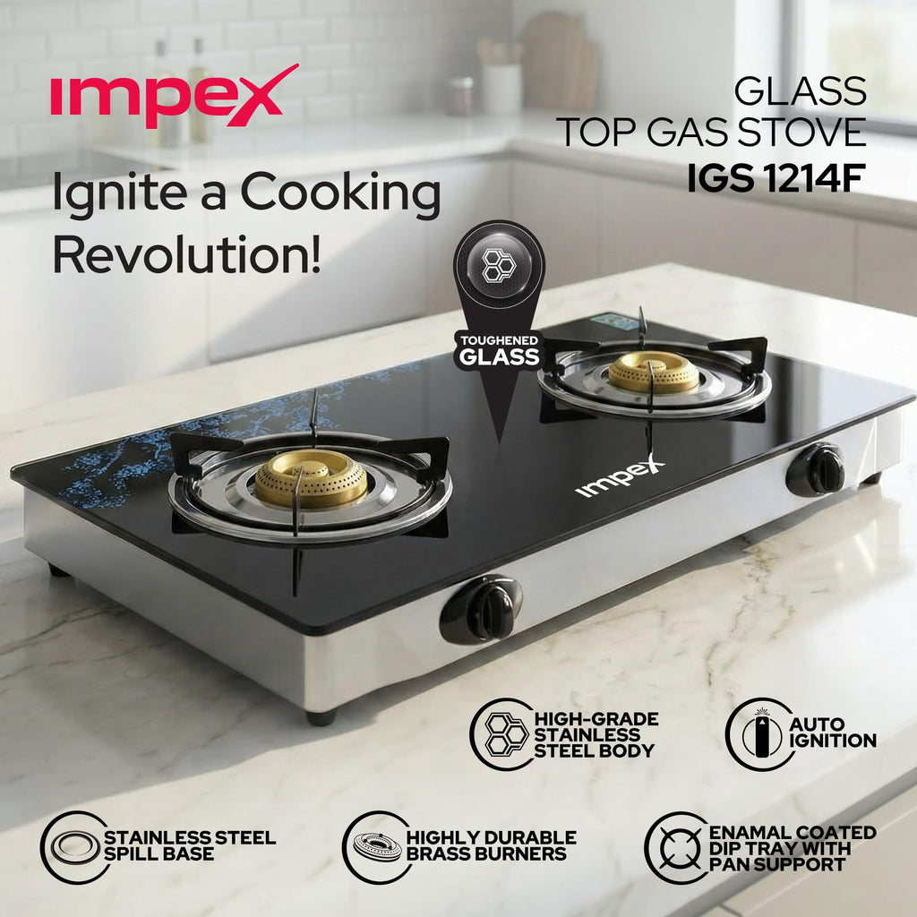 Ambix Double Burner Gas Stove with Tempered Glass Surface, Auto Ignition, Enamel Pan Support & L-Shaped Inlet Tube – IGS 1214F