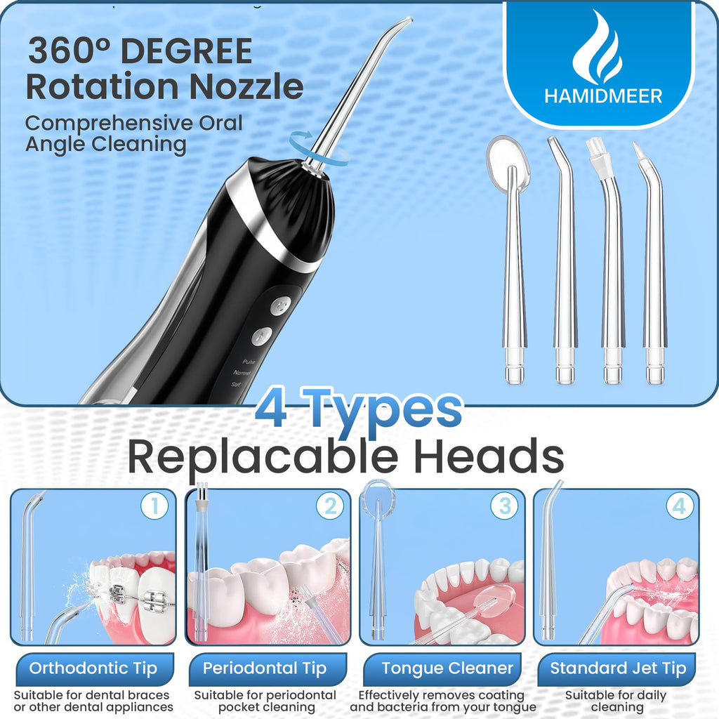 Hamidmeer Advanced Water Flosser | Oral Irrigator for Braces, Gum Care & Deep Cleaning - 335ml, IPX7 Waterproof & BPA-Free | Cordless Dental Cleaner with 3 Modes & 4 Nozzles