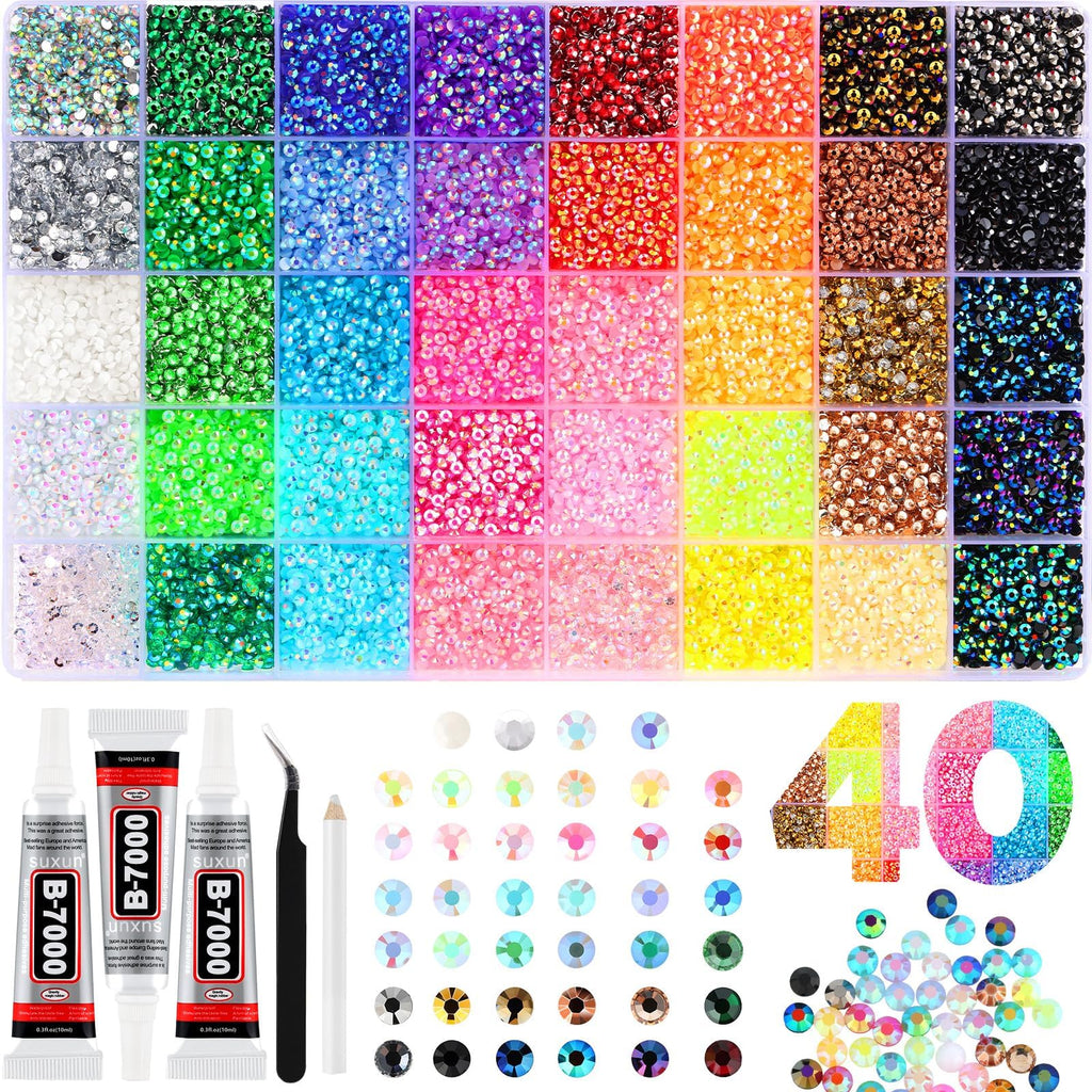 Resin Jelly Rhinestone Set – 320,000 Pieces, 3mm Flatback Gems Bulk Pack with 3 Glues, Pickup Pen & Tweezers for DIY Crafts, Nail Art, Cups, Shoes & Clothing Decoration (40 Colors)